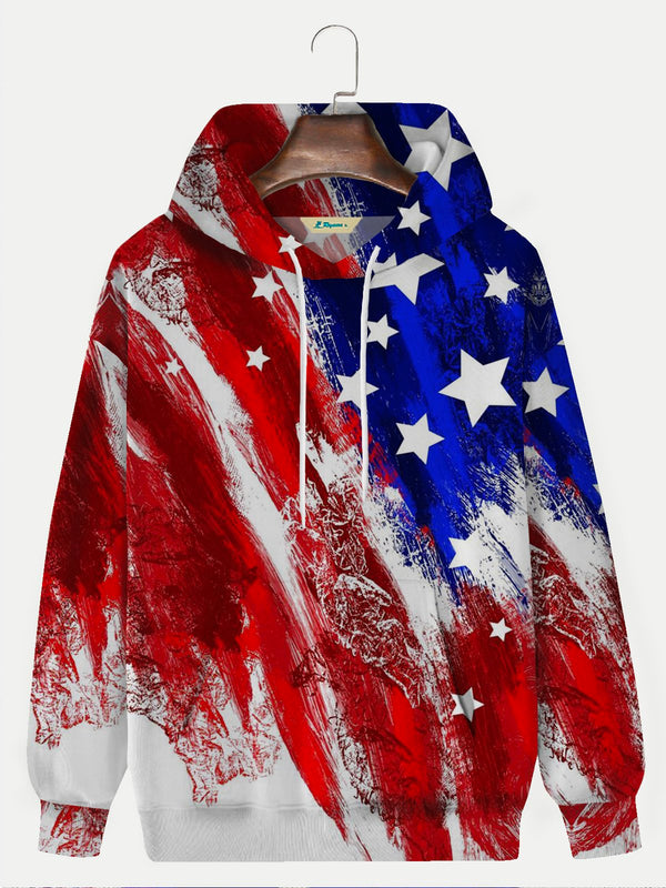 American Flag Casual Red Men Hoodies Star Art Gradient Oversized Stretch Knit Pullover Sweatshirts