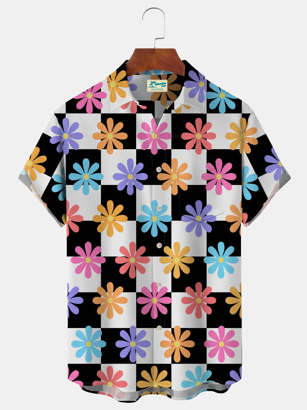 Beach Summer Casual Holiday Men's Hawaiian Shirts Checkerboard Colorful Sunflower Floral Art Aloha Camp Pocket Shirts
