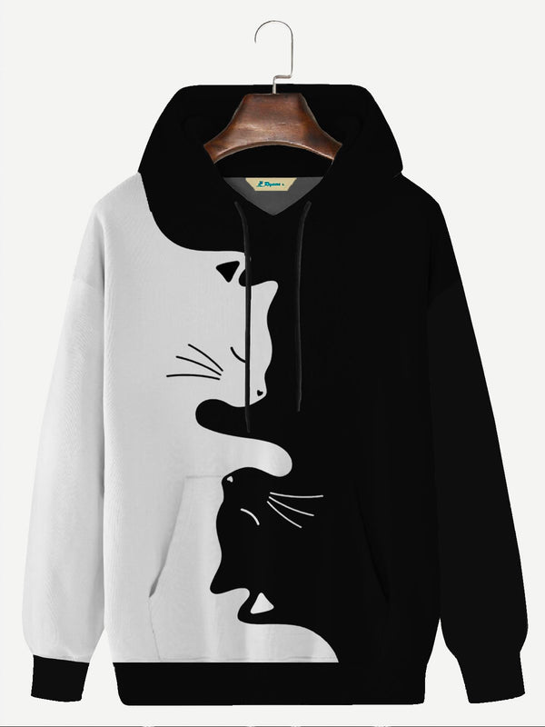 Casual Black and White Cat Cartoon Men's Long Sleeve Drawstring Hoodies Stretch Pocket Casual Pullover Sweatshirts