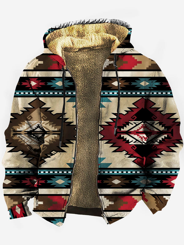 Retro Men's Drawstring Hoodie Aztec Ethnic Geometric Art Coral Fleece Warm Comfortable Sweatshirts Outdoor Zip Jackets