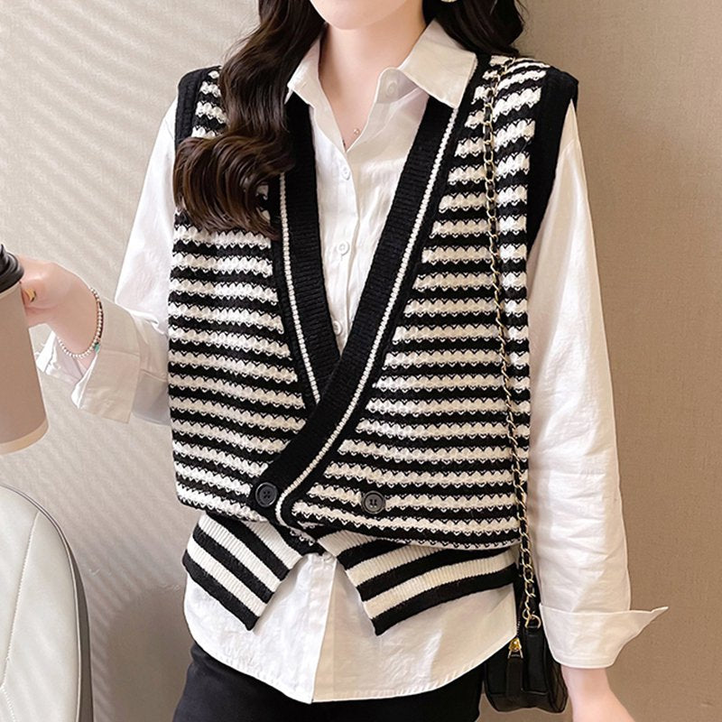 Sleeveless Casual Knitted Stripes Vests