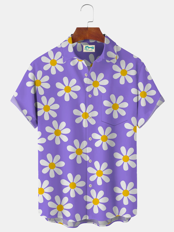 Holiday Casual Purple Men's Hawaiian Floral Shirts Cartoon Sunflower Stretch Oversized Aloha Camp Pocket Shirts