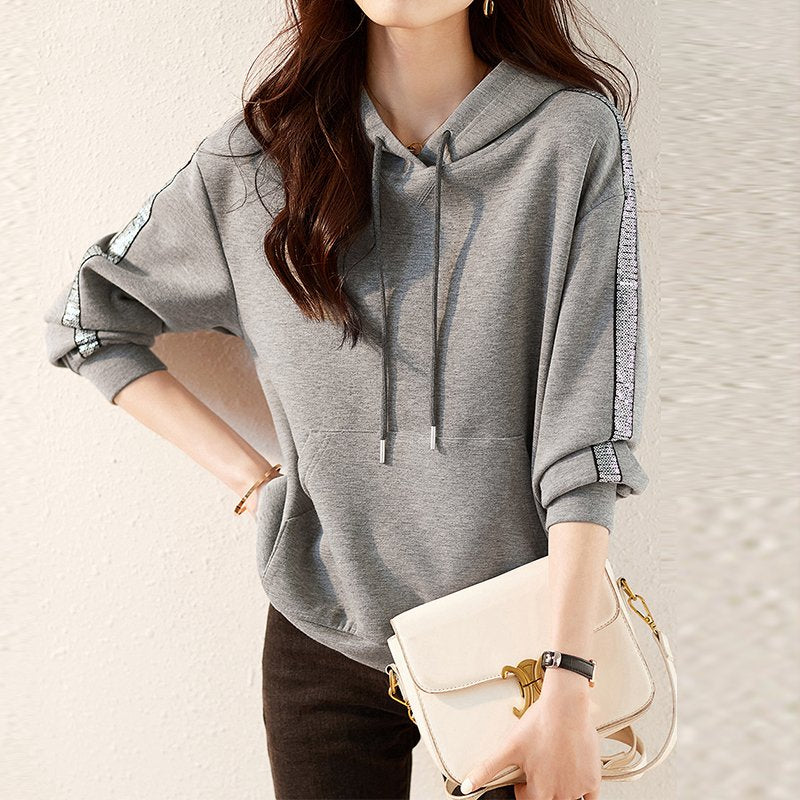 Gray Plain Shift Casual Drawstring Sweatshirt