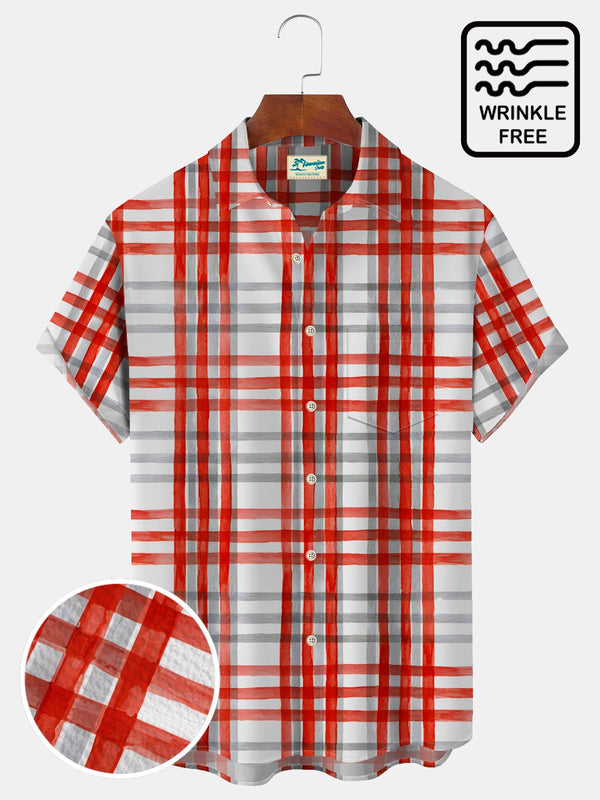 Holiday Casual Red Check Seersucker Men's Short Sleeve Shirts Wrinkle-Free Stretch Aloha Pocket Shirts