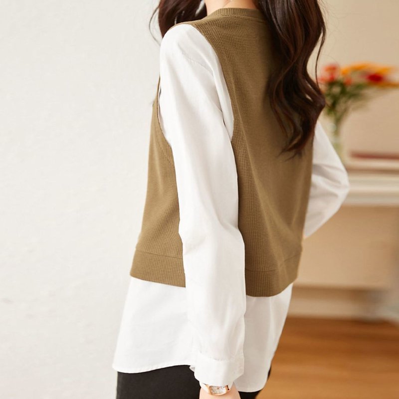 Khaki Paneled Shift Casual Long Sleeve Shirts & Tops