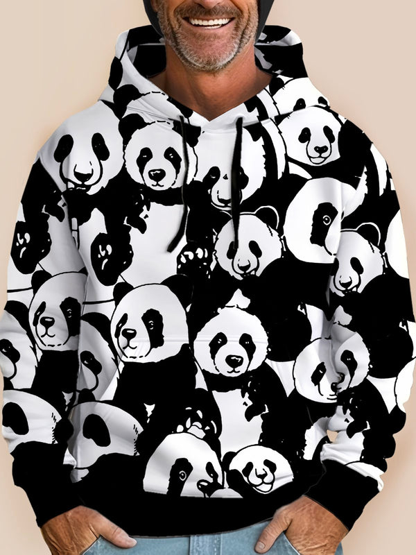 Fun Animal Men's Black Hoodies Panda Cartoon Plus Size Knit Pullover Sweatshirts
