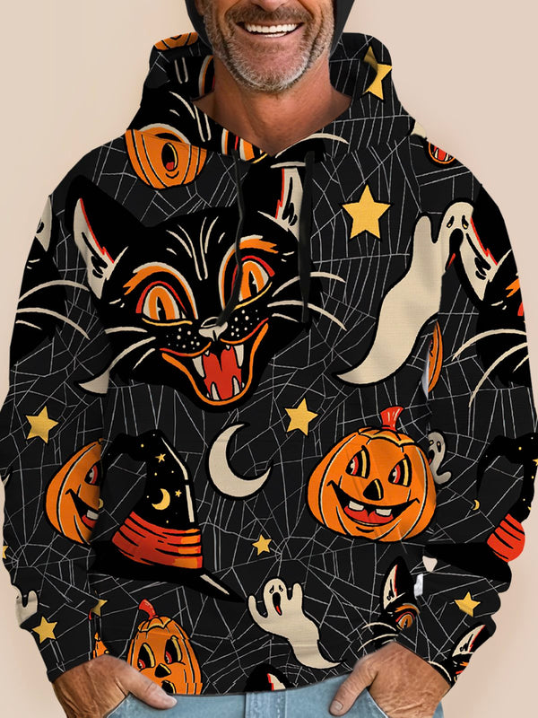 Halloween Cartoon Men's Black Hoodies Black Cat Spider Pumpkin Spooky Fun Plus Size Knit Pullover Sweatshirts
