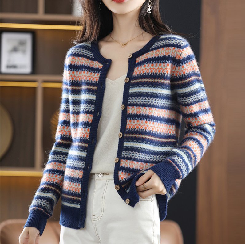 Cotton-Blend Tribal Knitted Vintage Outerwear