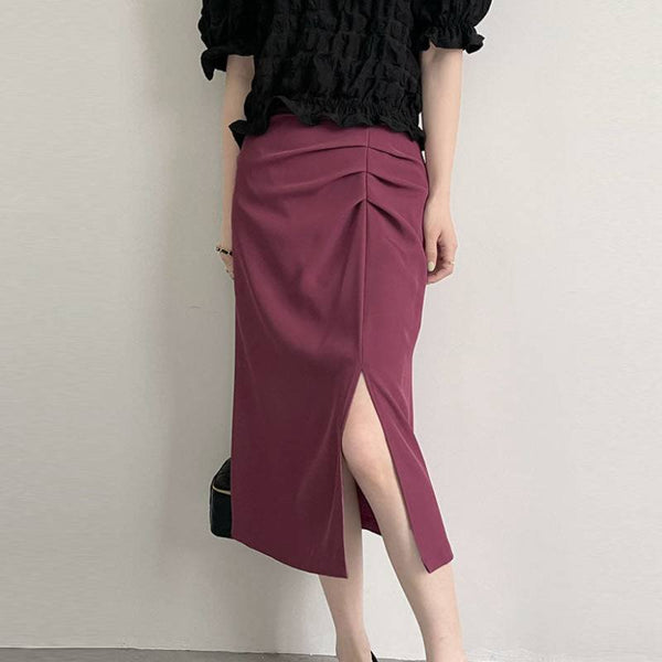 Solid Color Ruched Slit Midi Skirt