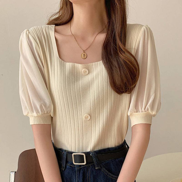 Solid Color Puff Sleeve Knit Blouses