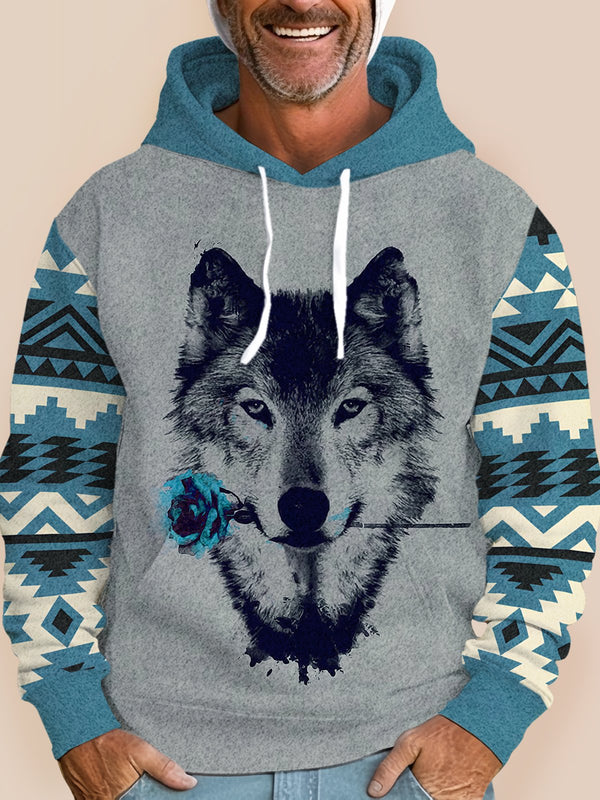Men's Geometric Wolf Rose Print Drawstring Hooded Sweatshirt