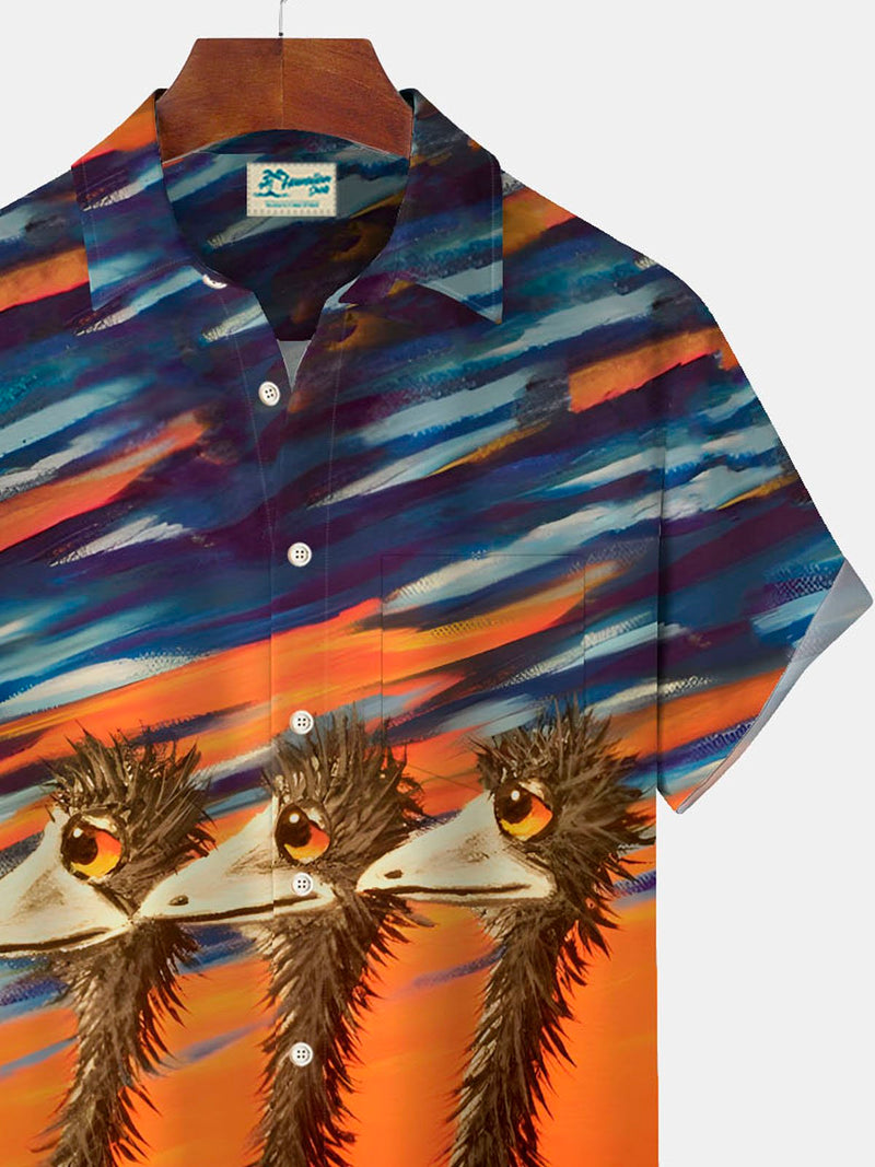 Gradient Three Ostriches Print Men's Button Pocket Shirt