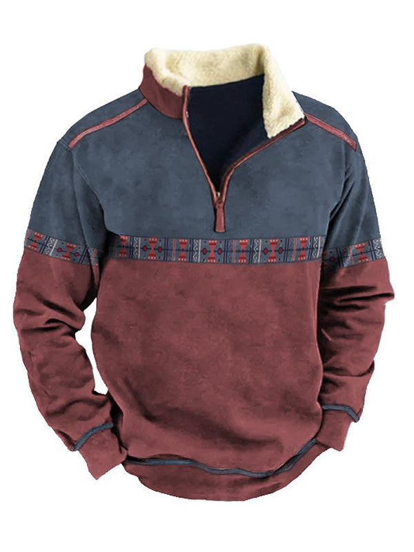 Casual Color Contrast Warm Zipper Men's Outdoor Stand Collar Sweater