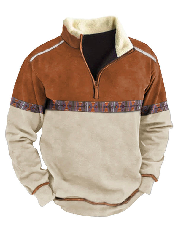 Casual Color Contrast Warm Zipper Men's Outdoor Stand Collar Sweater