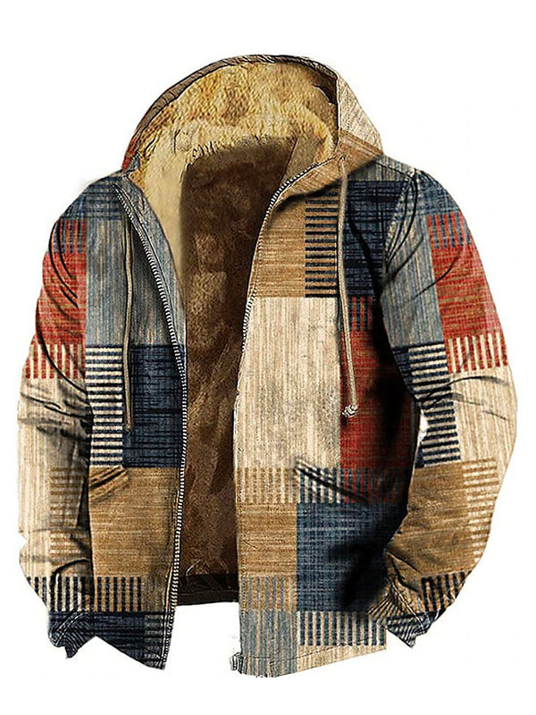 Men's Western Fleece Hoodie Geometric Print Drawstring Hoodie Jacket Coat Outwear