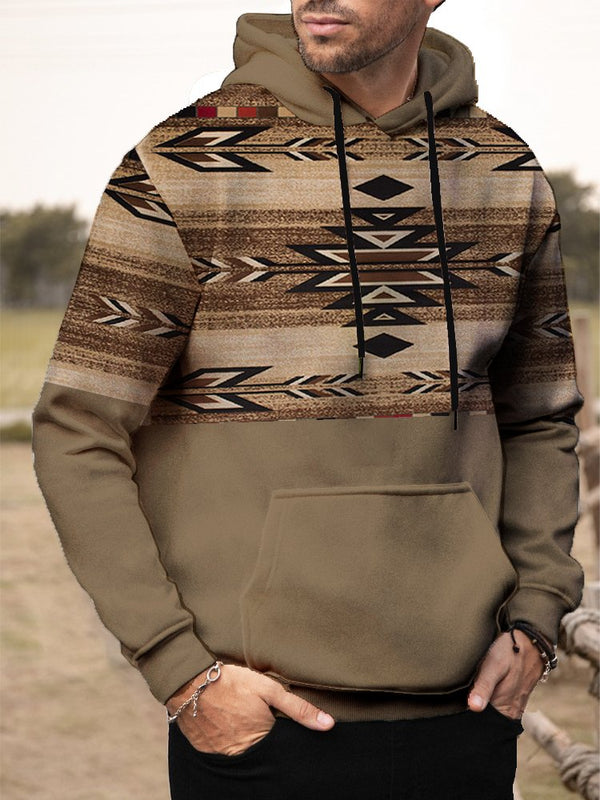 Vintage Aztec Drawstring Cowboy Western Ethnic Plus Size Men's Warm Long Sleeve Hoodie