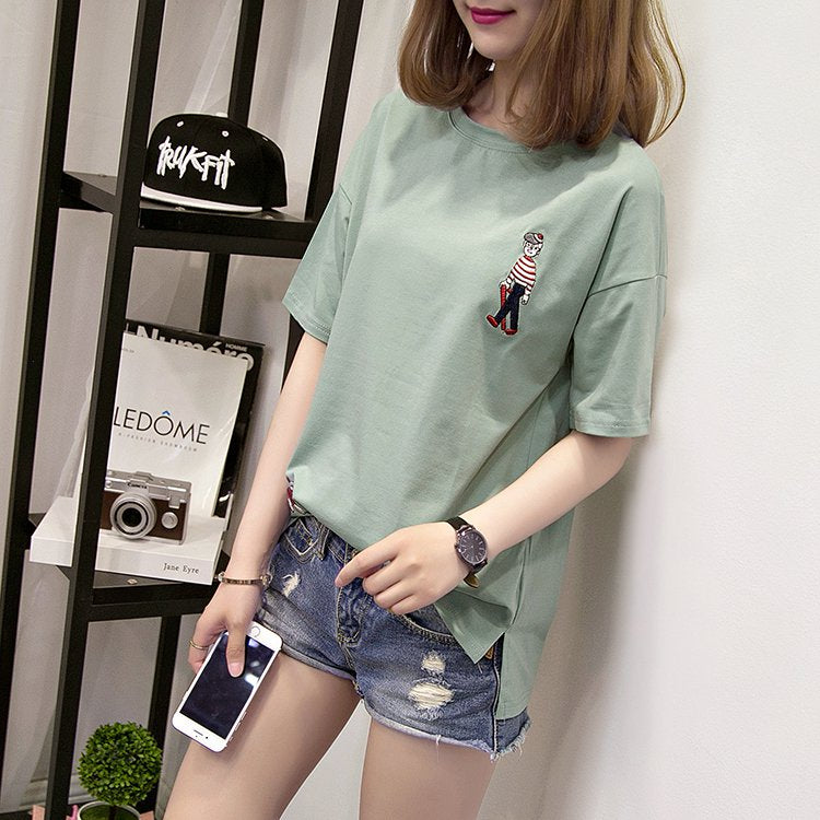 Cartoon Embroidered Shift Casual Shirts & Tops