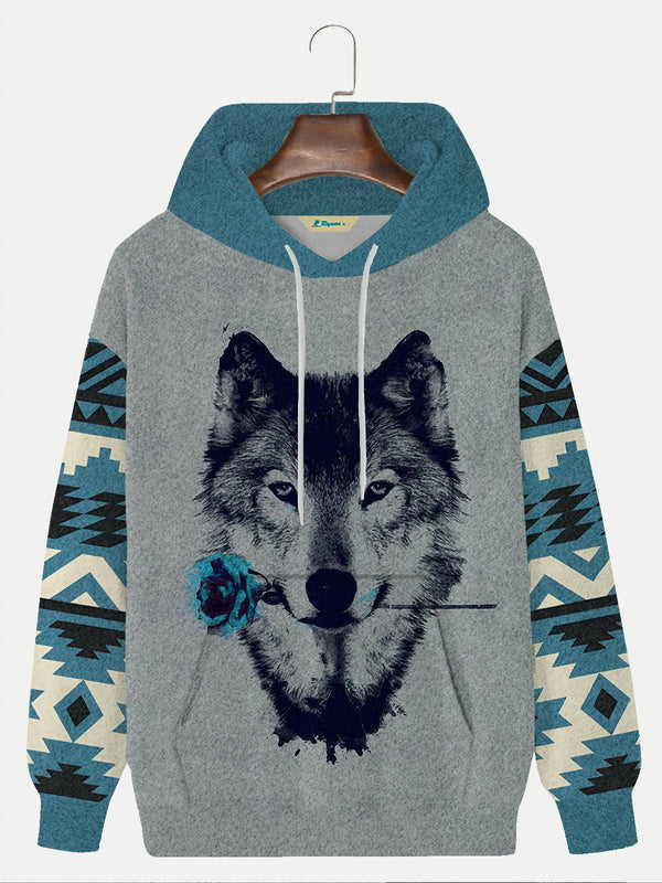 Men's Geometric Wolf Rose Print Drawstring Hooded Sweatshirt