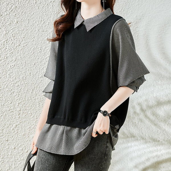 Black Knitted Long Sleeve Paneled Solid Shirts & Tops