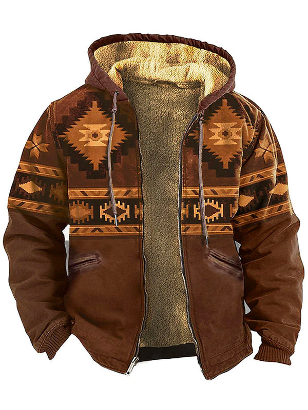 Men's Western Ethnic Aztec Print Zipper Sweatshirt Hooded Warm Jacket