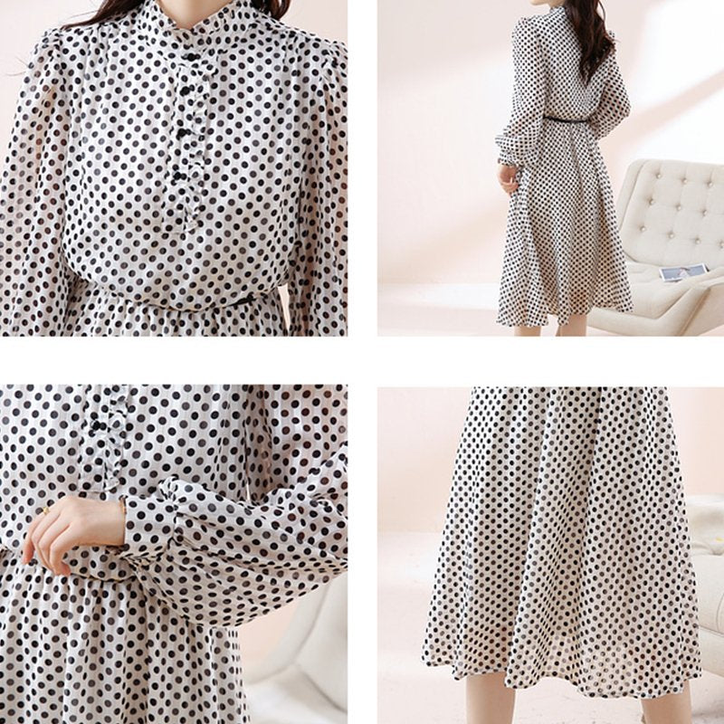 Casual Printed Long Sleeve Chiffon Polka Dots Dresses