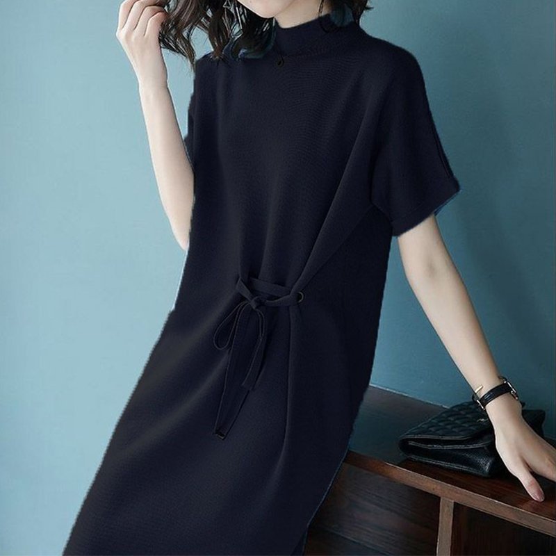 Knitted Lace-Up Casual Plain Dresses
