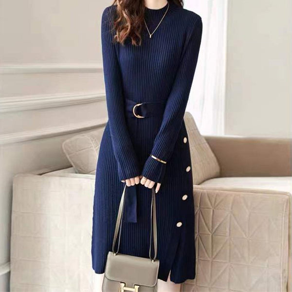 Navyblue Buttoned Long Sleeve Dresses