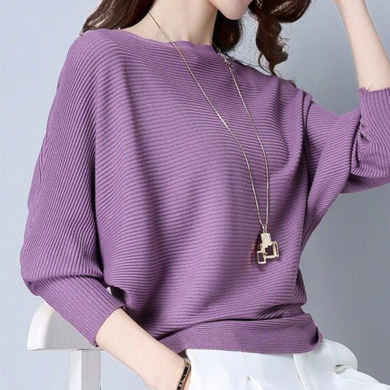 Knitted Cocoon Batwing Plain Shirts & Tops