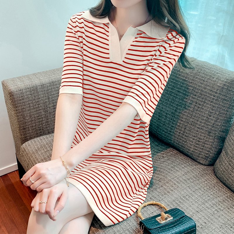 Shift Knitted Short Sleeve Striped Dresses