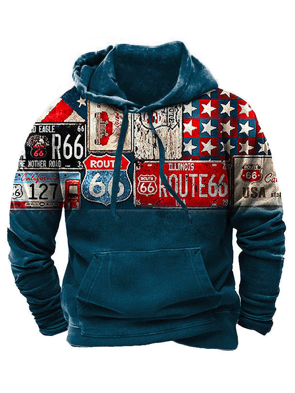 Vintage Western Route 66 Men's Drawstring Hoodies Ethnic Outdoor Pullover Large Size Sweatshirts