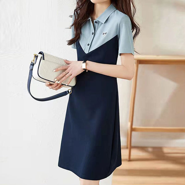 Blue Short Sleeve Color-Block A-Line Plain Dresses