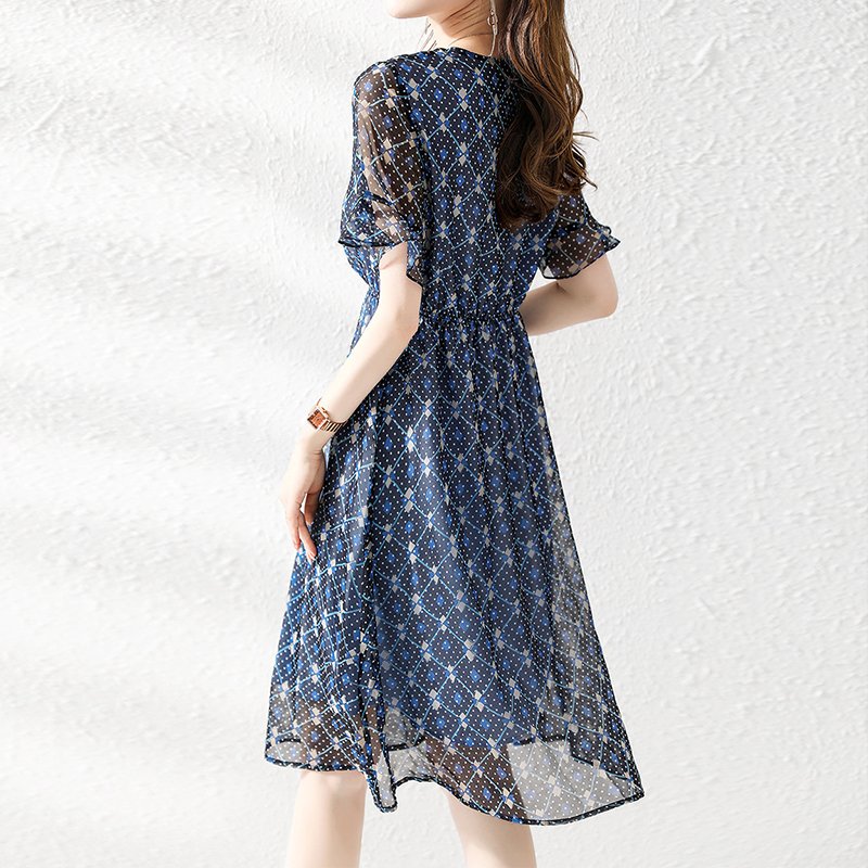Blue Chiffon Printed Geometric Short Sleeve Dresses