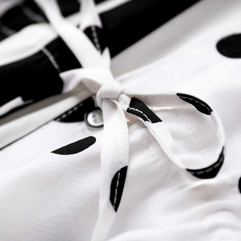 White Swing Paneled Short Sleeve Polka Dots Dresses