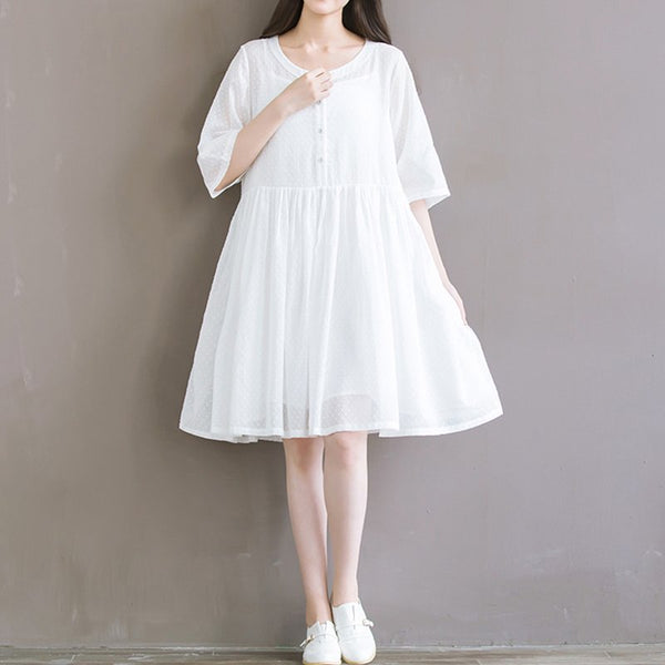 White A-Line Plain Half Sleeve Dresses