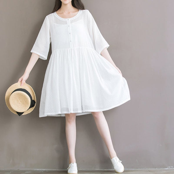 White A-Line Plain Half Sleeve Dresses