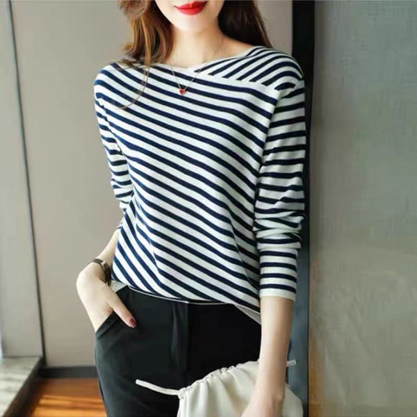 As Picture Casual Knitted Shift Stripes Shirts & Tops