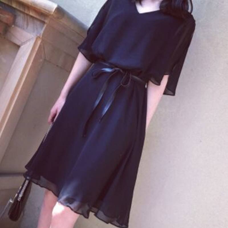 Black Plain Short Sleeve Dresses