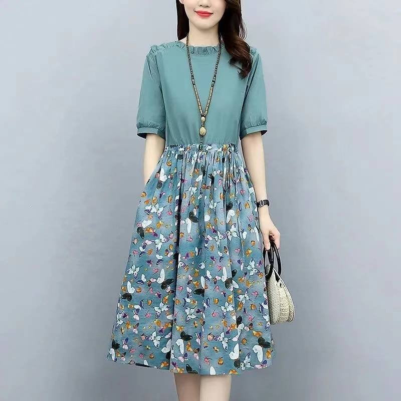 Cotton-Blend Floral Short Sleeve A-Line Dresses