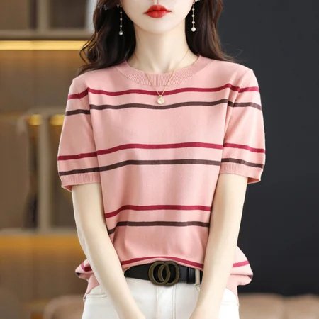 Women Simple Striped Knitted Shirts & Tops