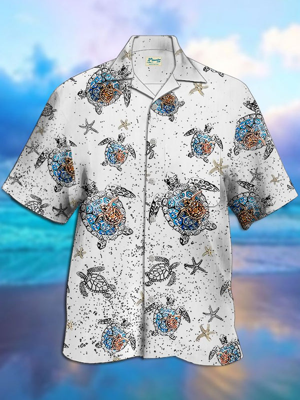 Sea Turtle Print Beach Men's Hawaiian Oversized Shirt with Pockets