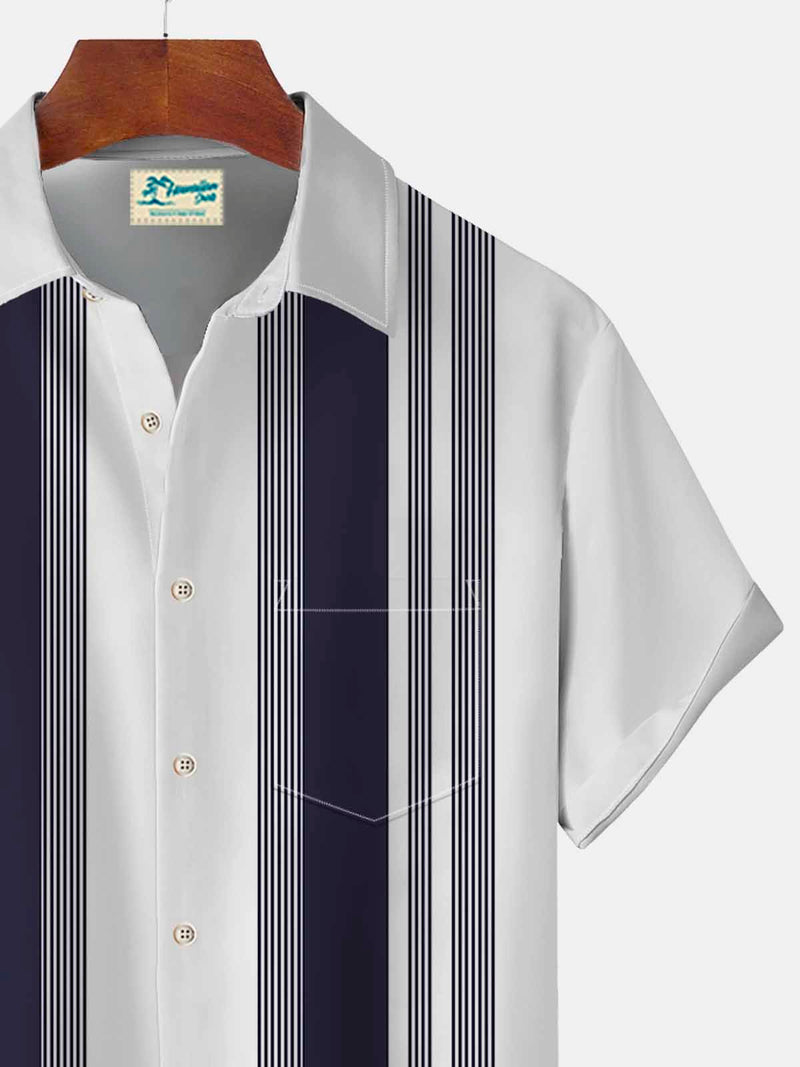 Vintage Bowling Stripe Basics Print Beach Men's Hawaiian Oversized Shirt With Pocket