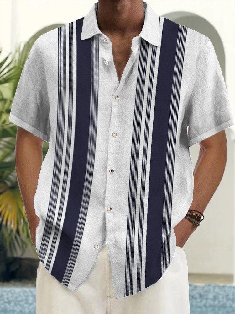 Vintage Bowling Stripe Basics Print Beach Men's Hawaiian Oversized Shirt With Pocket