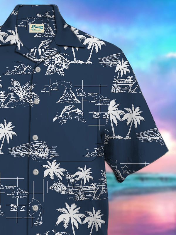 Coconut Tree Print Camp Collar Beach Men's Hawaiian Oversized Short Sleeve Shirt with Pockets