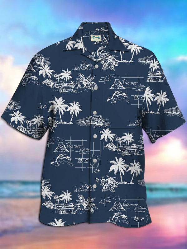 Coconut Tree Print Camp Collar Beach Men's Hawaiian Oversized Short Sleeve Shirt with Pockets