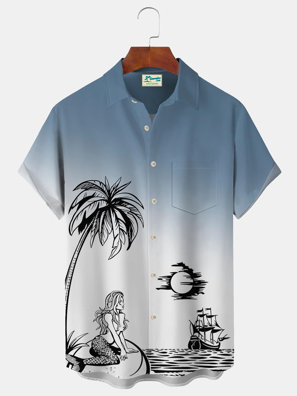 Gradient Coconut Print Beach Men's Hawaiian Oversized Pocket Shirt