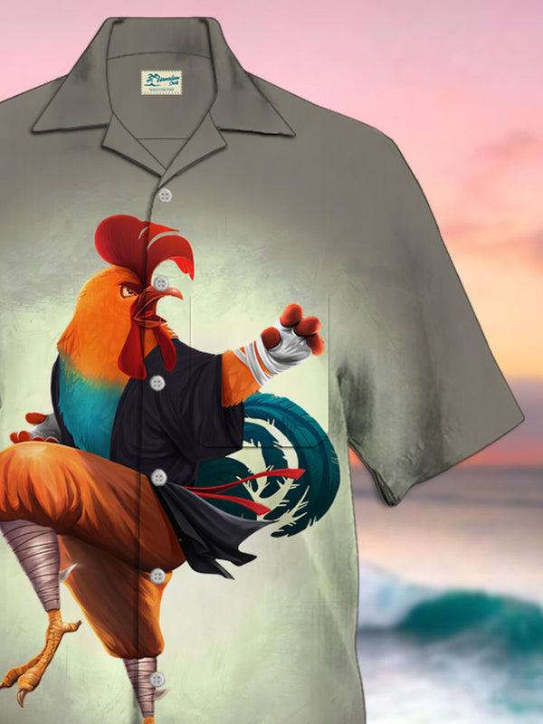 Vintage Kung Fu Rooster Print Camp Collar Beach Men's Hawaiian Oversized Short Sleeve Shirt with Pockets