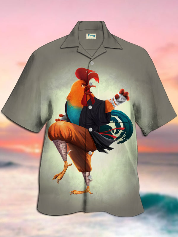 Vintage Kung Fu Rooster Print Camp Collar Beach Men's Hawaiian Oversized Short Sleeve Shirt with Pockets