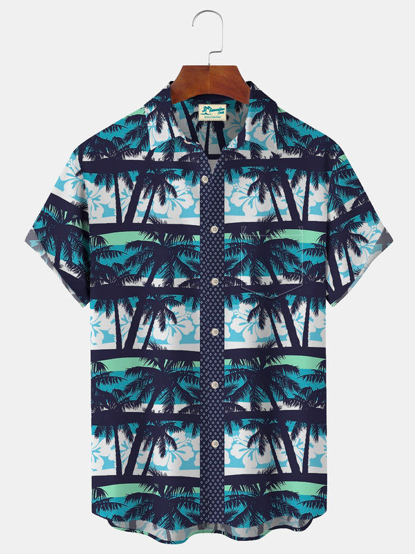 Coconut Tree Print Beach Men's Hawaiian Oversized Short Sleeve Shirt with Pockets