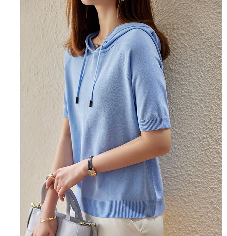 Knitted Short Sleeve Casual Hoodie Sweater