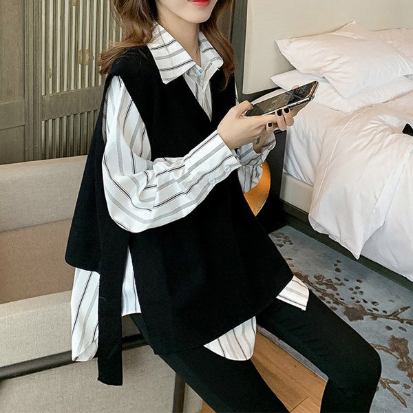 Black Striped Shift Long Sleeve Cotton-Blend Shirts & Tops